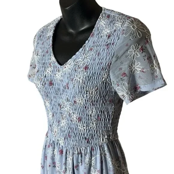 JessaKae women’s xxs blue tiered maxi dress floral smock puff sleeve princess - Picture 2 of 5